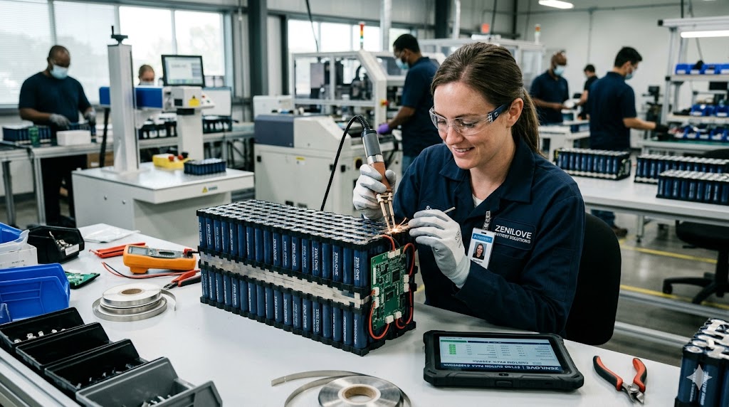 Zenilove custom 21700 battery pack installed in an autonomous warehouse robot (AMR) for high discharge rate performance.